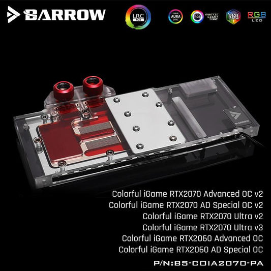 Barrow BS-COIA2070-PA, blocs de refroidissement par eau de carte graphique à couverture complète LRC 2.0, pour coloré iGame RTX2070 Advanced/AD Speical OC