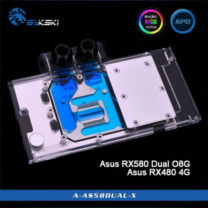 Bykski A-AS58DUAL-X, Full Cover Graphics Card Water Cooling Block for Asus RX580 Dual O8G / RX480 4G | Water Cooling Block
