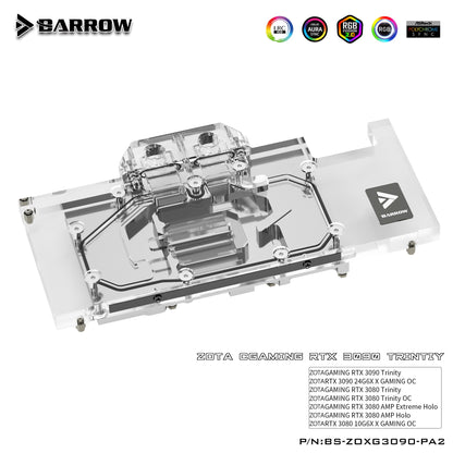 Barrow 3090 3080 GPU Water Block for ZOTAC RTX 3090 3080 X GAMING, Full Cover ARGB GPU Cooler, BS-ZOXG3090-PA2