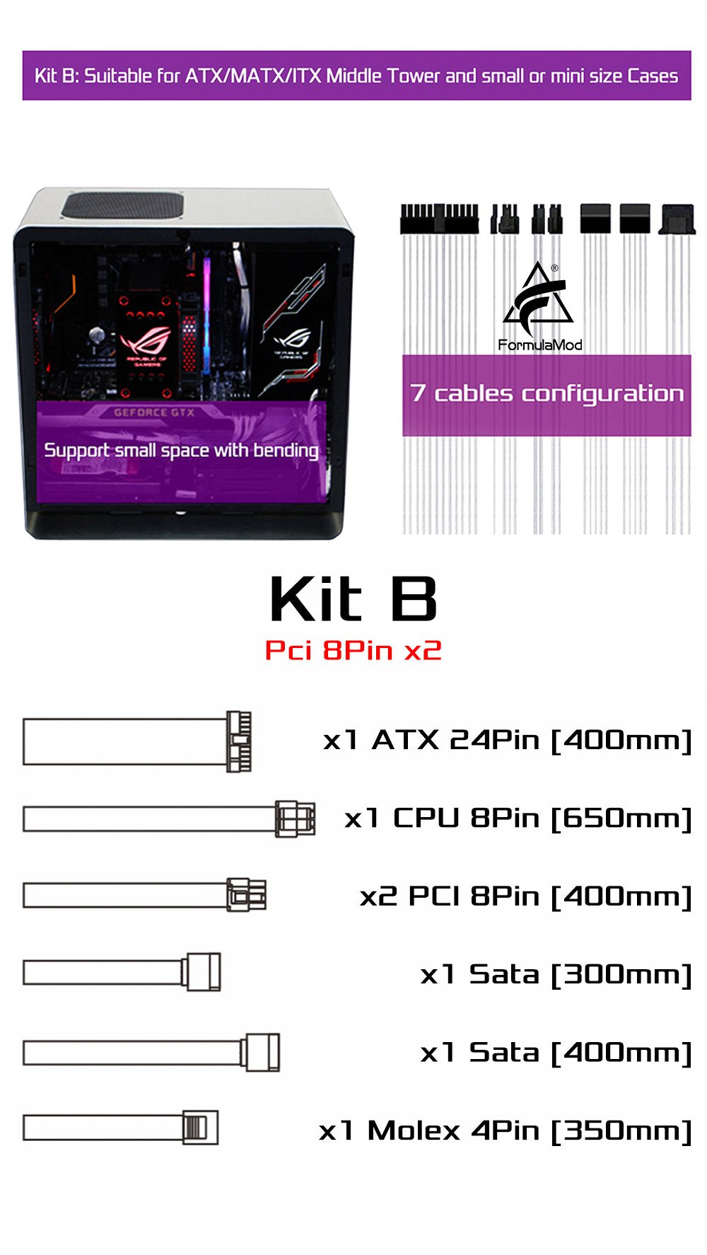 FormulaMod ASUS/Seasonic/Antec Fully Modular PSU Cable Kit, 18AWG Sleeved, Kit For ASUS/Seasonic/Antec Modular PSU, Fm-BZXZ [Please check compatibility]