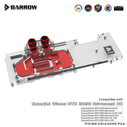 Barrow 3090 3080 GPU Water Block for Colorful RTX 3090/3080 Advanced OC, Full Cover ARGB GPU Cooler, BS-COIA3090-PA2