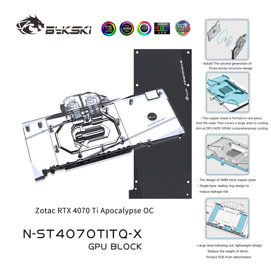 Bykski GPU Water Block For Zotac RTX 4070 Ti Apocalypse OC, Full Cover With Backplate PC Water Cooling Cooler, N-ST4070TITQ-X
