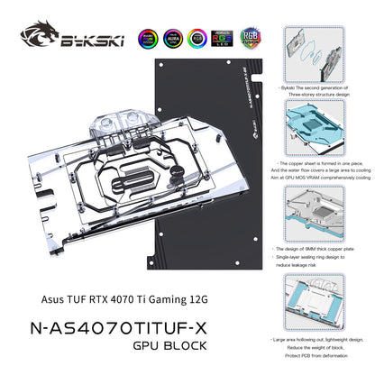 Bykski GPU Water Block For Asus TUF RTX 4070 Ti Gaming 12G, Full Cover With Backplate PC Water Cooling Cooler, N-AS4070TITUF-X