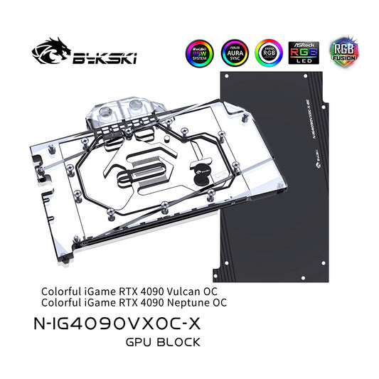 Bloc d'eau GPU Bykski pour iGame coloré RTX 4090 Vulcan OC / Neptune OC, couverture complète avec refroidisseur de refroidissement par eau pour PC de plaque arrière, N-IG4090VXOC-X 