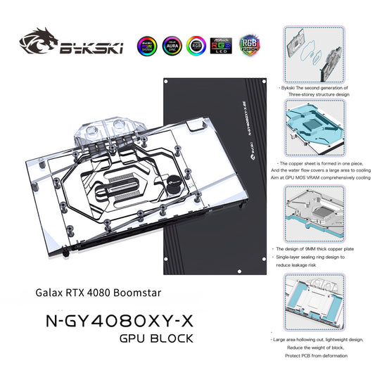 Bloc d'eau GPU Bykski pour Galax RTX 4080 Boomstar, couverture complète avec refroidisseur de refroidissement par eau PC de plaque arrière, N-GY4080XY-X 
