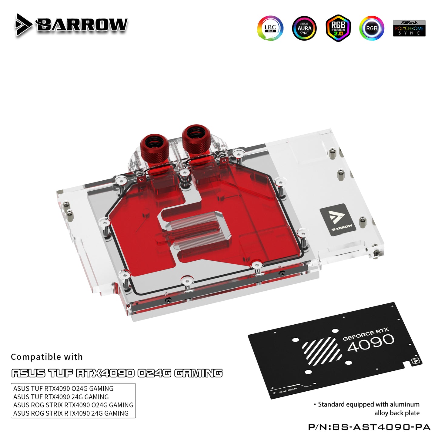 Barrow GPU Water Block For Asus Tuf / Rog Stirx RTX 4090 O24G / 24G Gaming , Full Cover With Backplate PC Water Cooling Cooler, BS-AST4090-PA