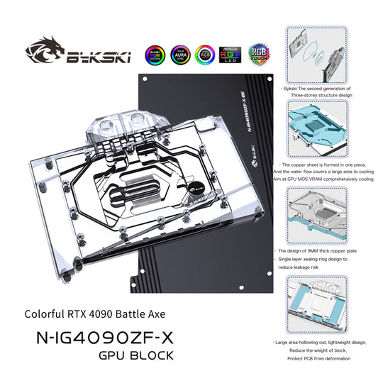 Bloc d'eau Bykski GPU pour hache de combat colorée RTX 4090, couverture complète avec refroidisseur de refroidissement par eau pour PC de plaque arrière, N-IG4090ZF-X 