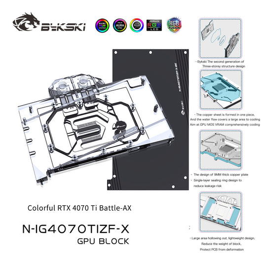 Bloc d'eau Bykski GPU pour coloré RTX 4070 Ti Battle-AX, couverture complète avec refroidisseur de refroidissement par eau pour PC de plaque arrière, N-IG4070TIZF-X 