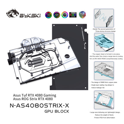 Bykski GPU Water Block For Asus RTX 4080 Tuf Gaming / ROG Strix, Full Cover With Backplate PC Water Cooling Cooler, N-AS4080STRIX-X