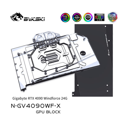 Bloque de agua Bykski para GPU para Gigabyte RTX 4090 Windforce / Aorus RTX 4090 Xtreme Waterforce, cubierta completa con placa posterior, refrigerador de agua para PC, N-GV4090WF-X