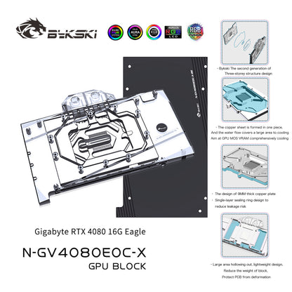 Bykski GPU Water Block For Gigabyte RTX 4080 16G Eagle, Full Cover With Backplate PC Water Cooling Cooler, N-GV4080EOC-X
