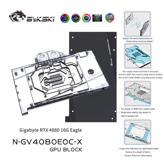 Bloc d'eau GPU Bykski pour Gigabyte RTX 4080 16G Eagle, couverture complète avec refroidisseur de refroidissement par eau PC de plaque arrière, N-GV4080EOC-X
