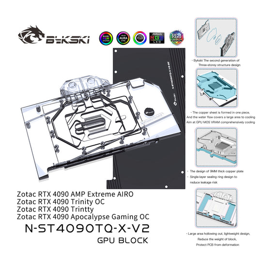 Bykski GPU Water Block For Zotac RTX 4090 Apocalypse / AMP Extreme AIRO / Trinity , Full Cover With Backplate PC Water Cooling Cooler, N-ST4090TQ-X-V2