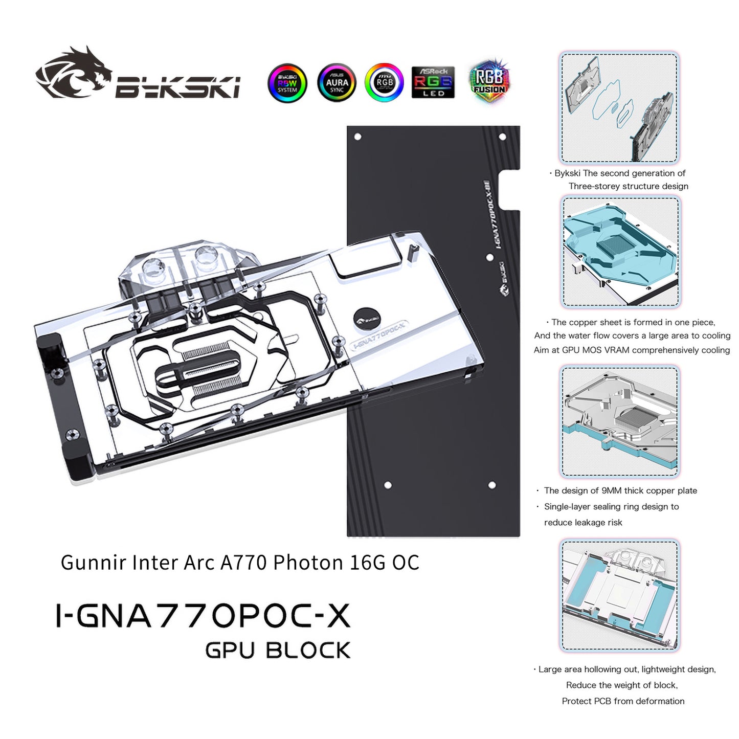 Bloc d'eau GPU Bykski pour Gunnir Inter Arc A770 Photon 16G OC, couverture complète avec refroidisseur de refroidissement par eau pour PC de plaque arrière, I-GNA770POC-X 