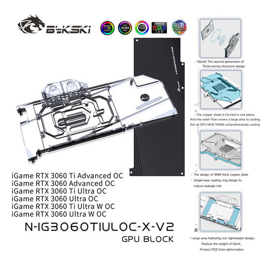 Bloc d'eau Bykski GPU pour coloré iGame RTX 3060/3060Ti Advanced/Ultra OC, couverture complète avec refroidisseur de refroidissement par eau pour PC de plaque arrière, N-IG3060TIULOC-X-V2