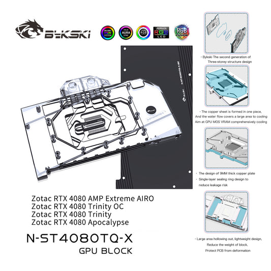 Bykski GPU Water Block For Zotac RTX 4080 Apocalypse / AMP Extreme AIRO / Trinity , Full Cover With Backplate PC Water Cooling Cooler, N-ST4080TQ-X