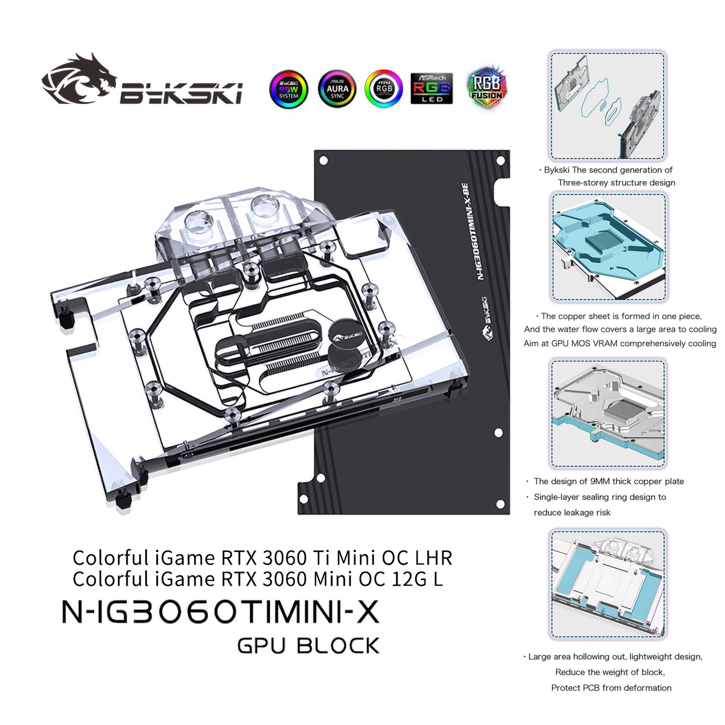 Bykski GPU Water Block For Colorful iGame RTX 3060 Ti Mini OC LHR / RTX 3060 Mini OC 12G L, Full Cover With Backplate PC Water Cooling Cooler, N-IG3060TIMINI-X