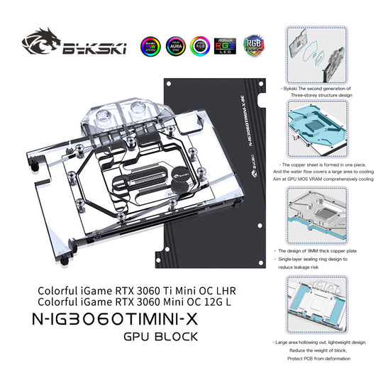 Bloc d'eau GPU Bykski pour coloré iGame RTX 3060 Ti Mini OC LHR / RTX 3060 Mini OC 12G L, couverture complète avec refroidisseur de refroidissement par eau pour PC, N-IG3060TIMINI-X 